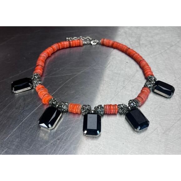 Retro Short Choker Necklace Costume Jewelry Coral Black Silver Rhinestone Glam - Picture 1 of 6